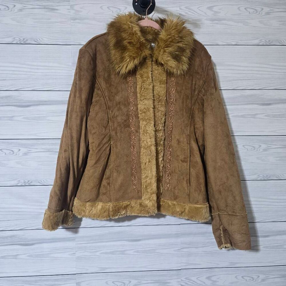 RP Sport Vintage Y2K Golden Brown Faux Fur Vegan Suede Leather Jacket Large Retr